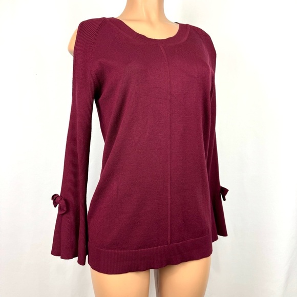 KARL LAGERFELD PARIS Sweater Top Cold Shoulder Bell Sleeve Crewneck Burgundy M - Picture 1 of 12